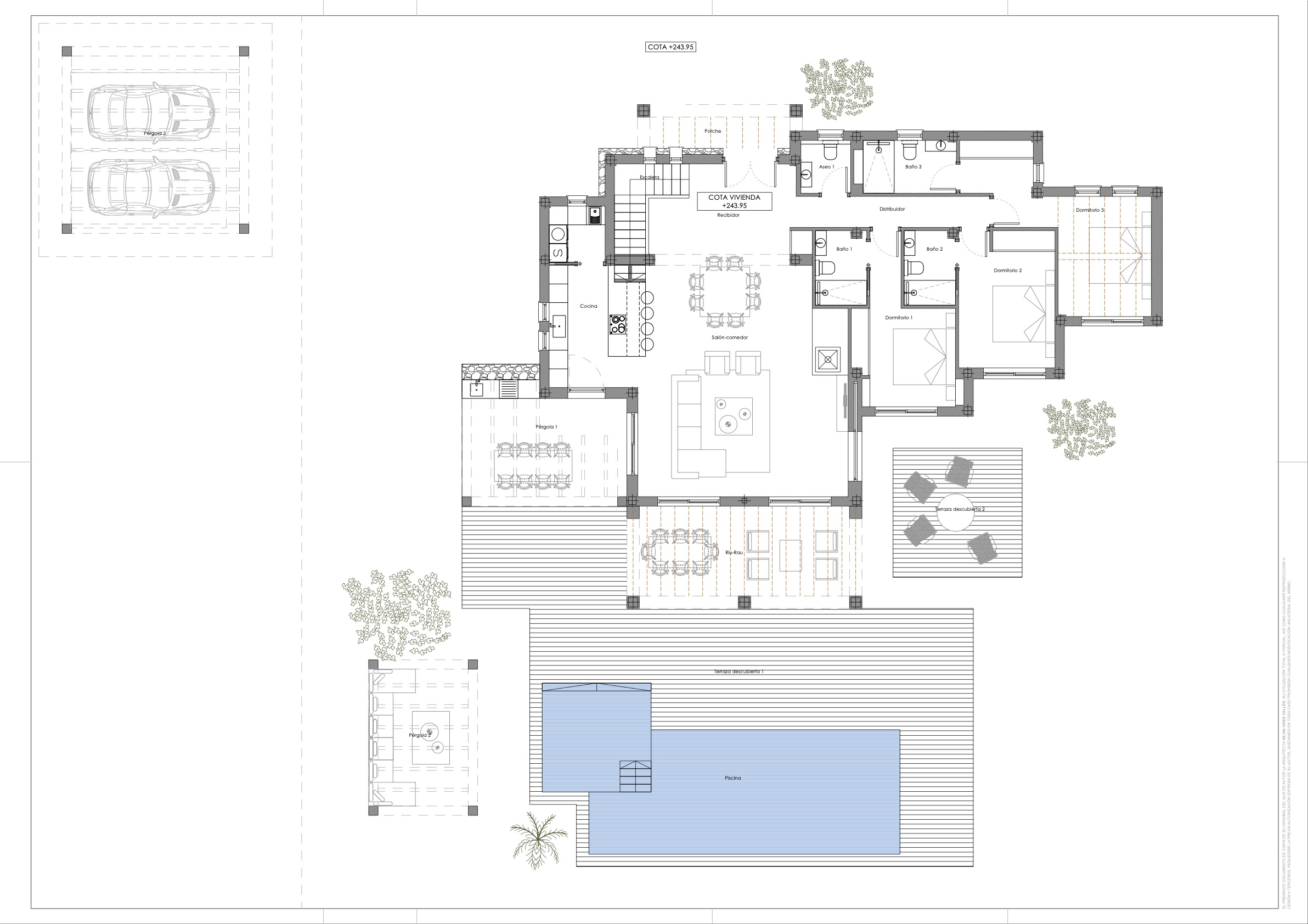 Technical floor plan of the main level showing three en-suite bedrooms, an open-plan living area, and expansive outdoor spaces with a swimming pool, terraces, and carports.