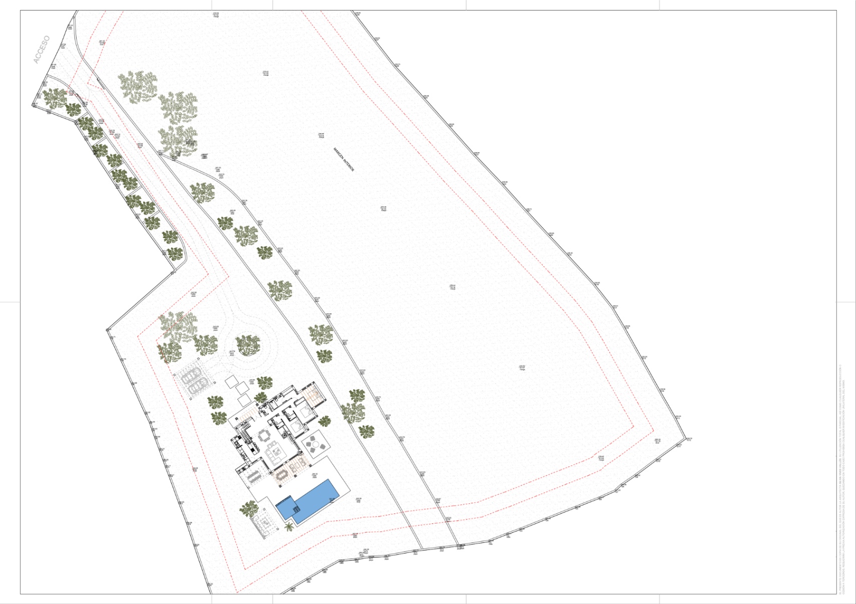 Technical site plan detailing the villa's layout, private pool, driveway, and the expansive plot boundaries including the vineyard area.