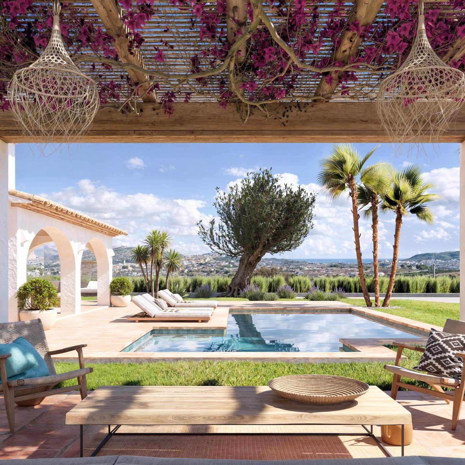 Terrace featuring a rustic wooden pergola with bougainvillea, an L-shaped pool, manicured lawn with olive tree, and distant sea views.
