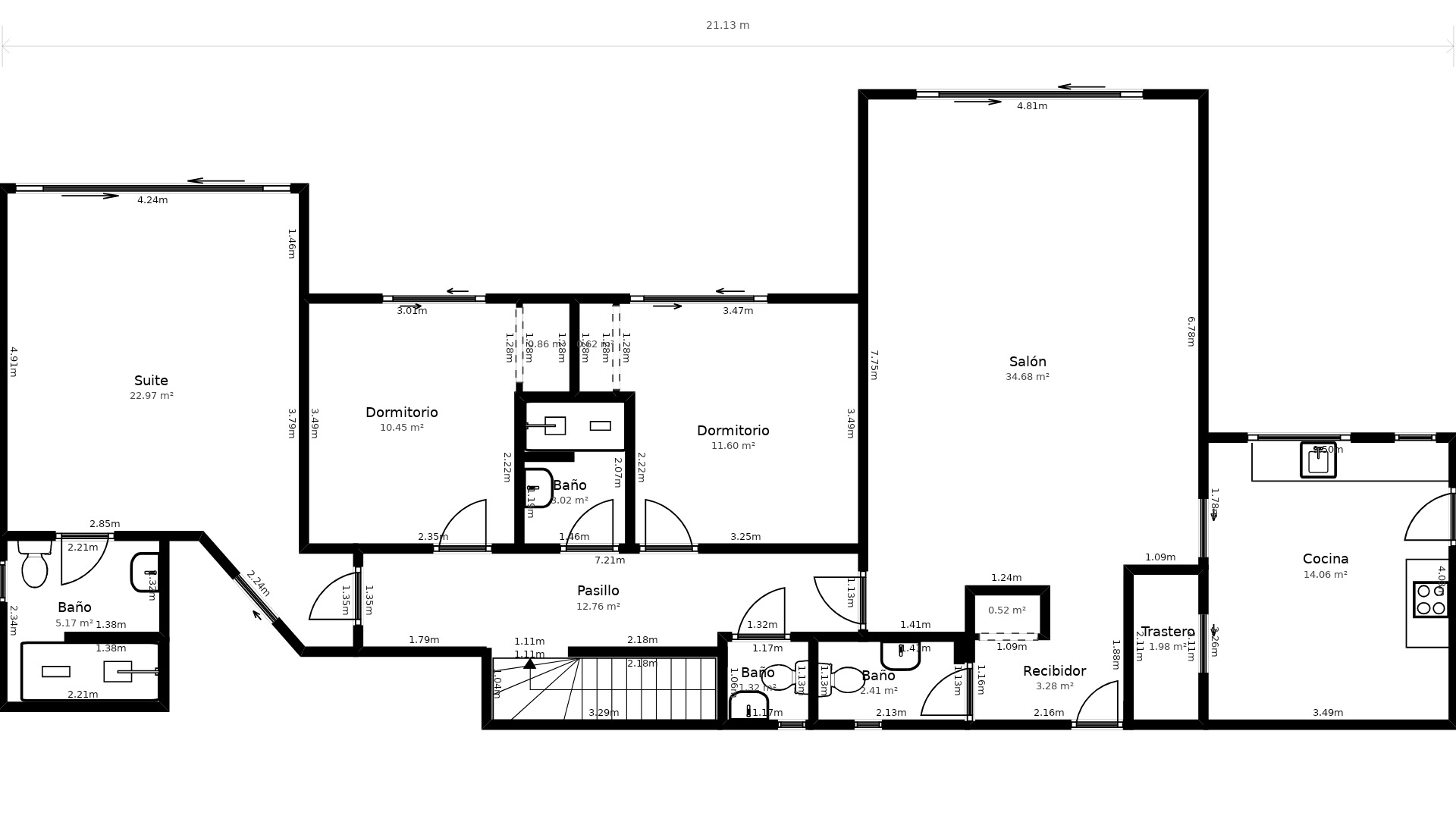 Detailed floor plan of the main level featuring a 34 m² living room, independent kitchen, master suite, and additional bedrooms with precise architectural measurements.