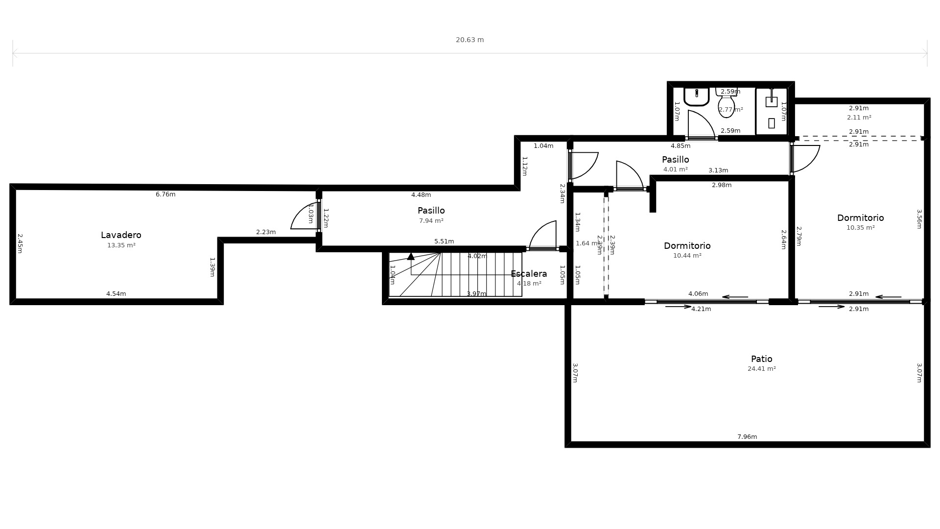 Detailed floor plan showing a laundry room, two bedrooms, hallways, a staircase, and a spacious 24.41 m² outdoor patio.