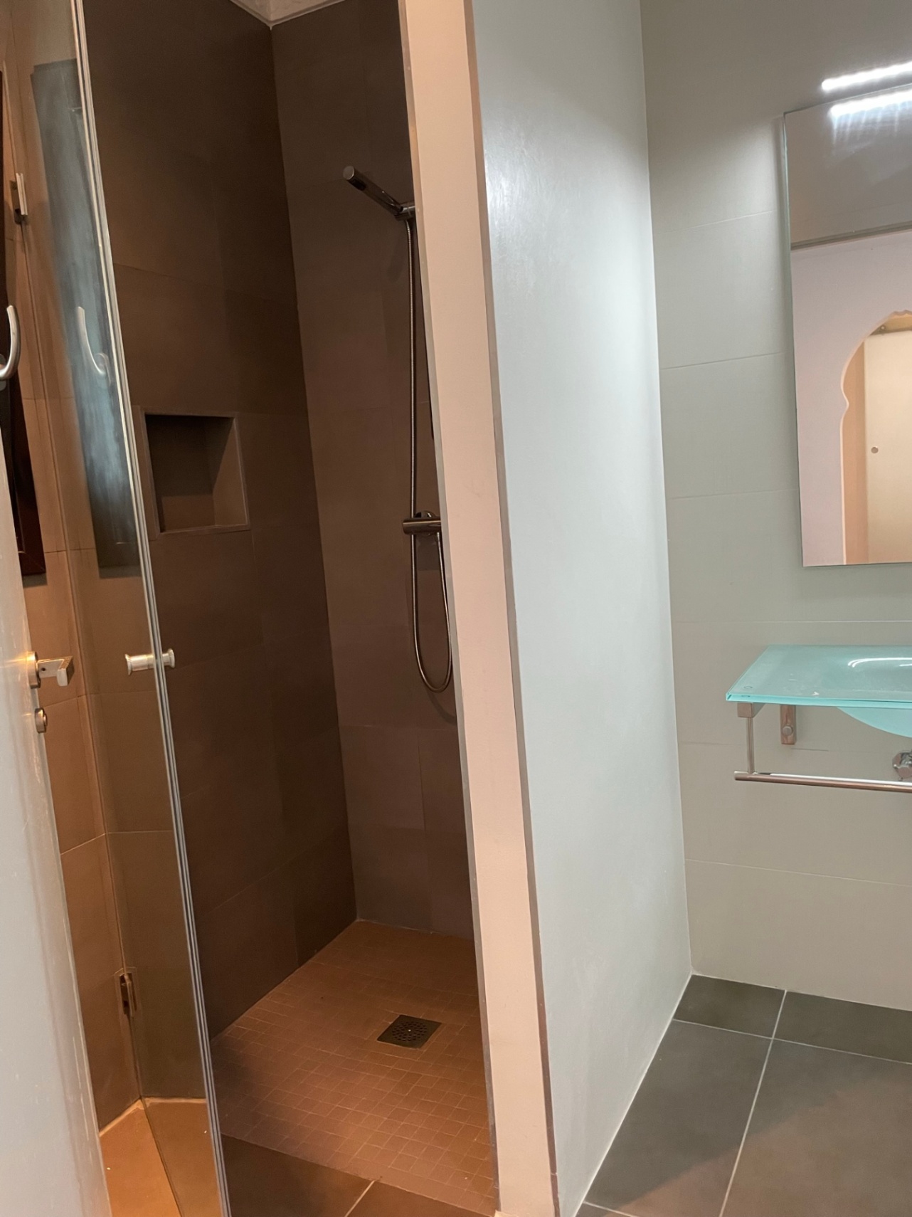 Modern bathroom featuring a walk-in shower with earth-toned tiling, a built-in wall niche, and a sleek glass washbasin.