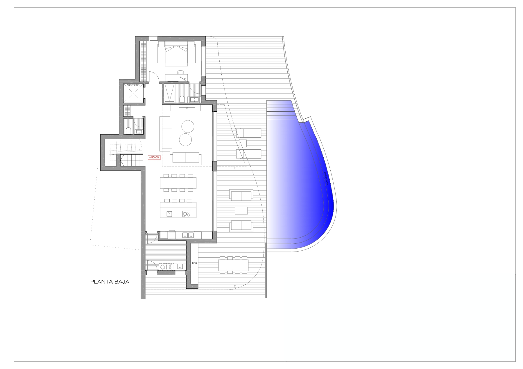 Architectural floor plan of the ground level showing the open-plan living area, kitchen with island, en-suite bedroom, and expansive terrace with an organic-shaped pool.