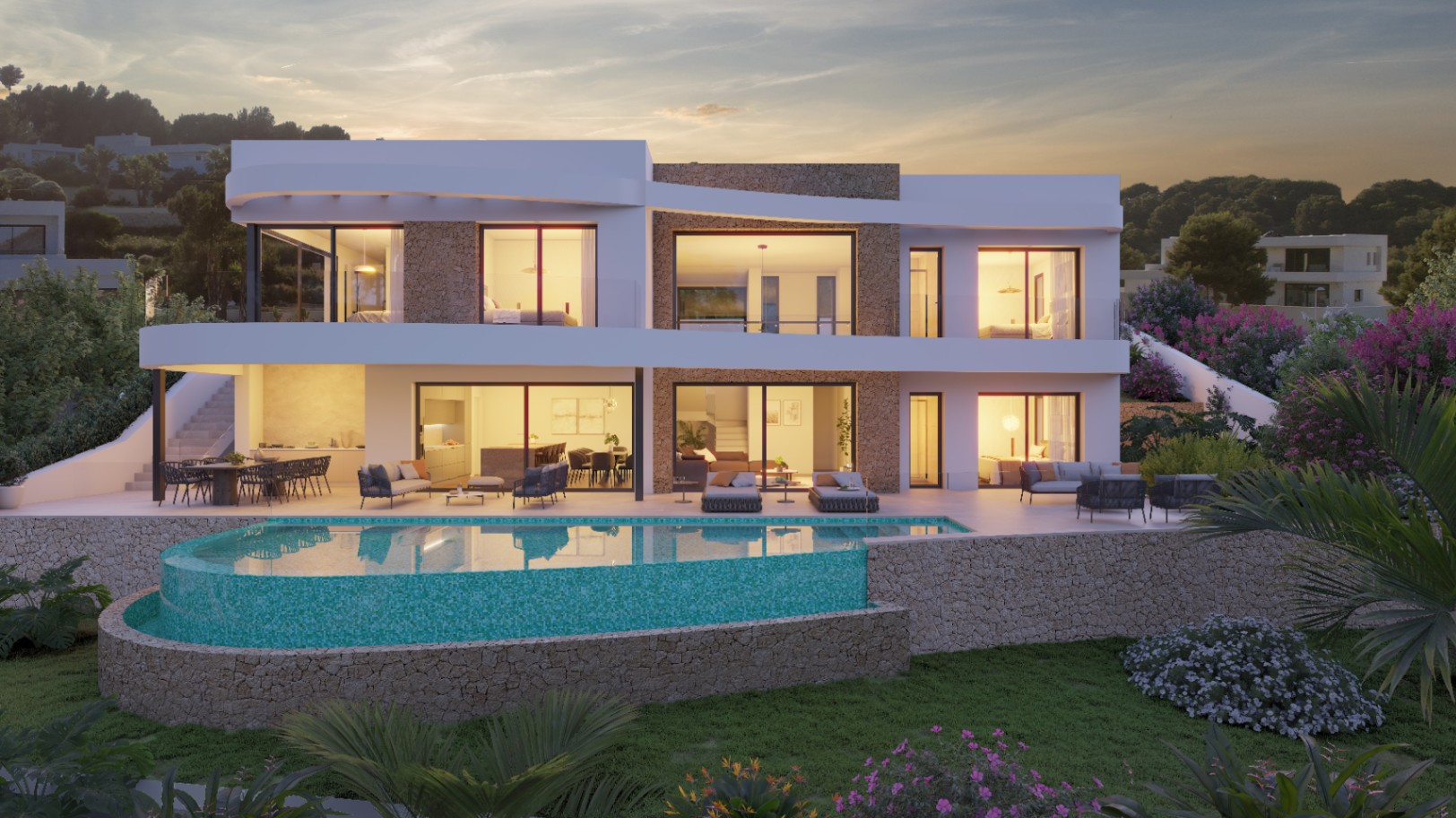 Exterior view of the modern villa featuring natural stone cladding, an organic-shaped infinity pool, and illuminated terraces at dusk.