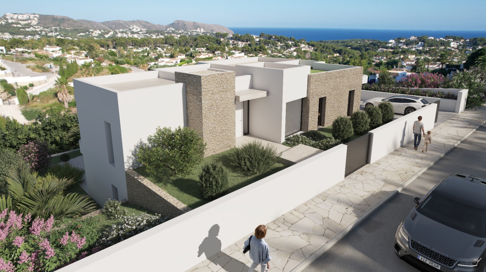 Exterior view of the villa featuring natural stone cladding, white minimalist facades, a private driveway, and panoramic Mediterranean Sea views from an elevated plot.