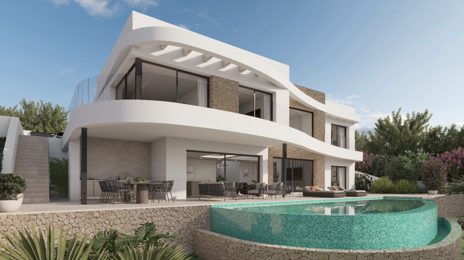 Modern villa facade featuring organic curved lines, natural stone accents, and a turquoise infinity pool set within a spacious Mediterranean terrace.