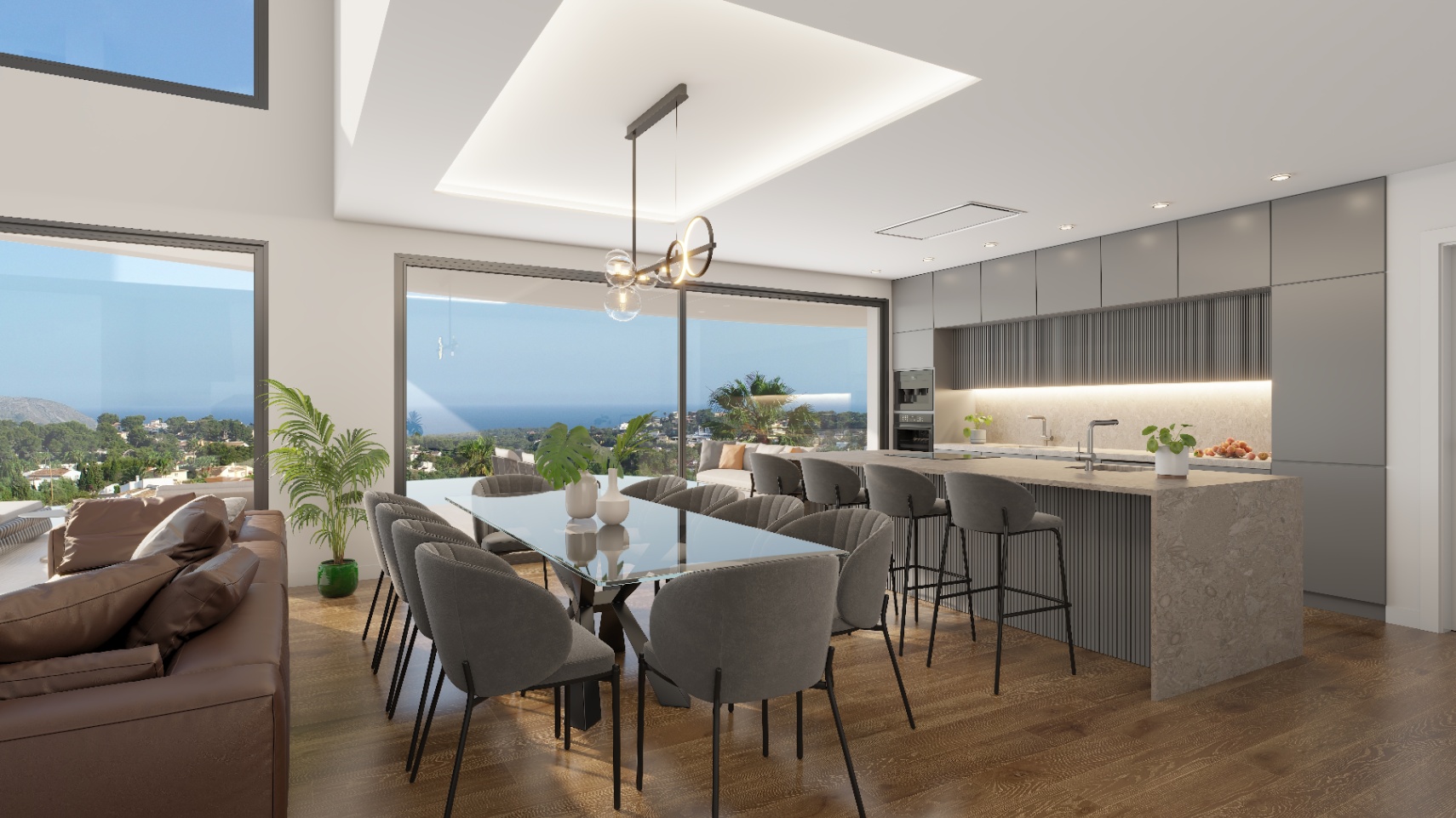 Open-concept living area featuring a glass dining table and a modern kitchen with a stone island. Floor-to-ceiling windows offer panoramic views of the Mediterranean coast.