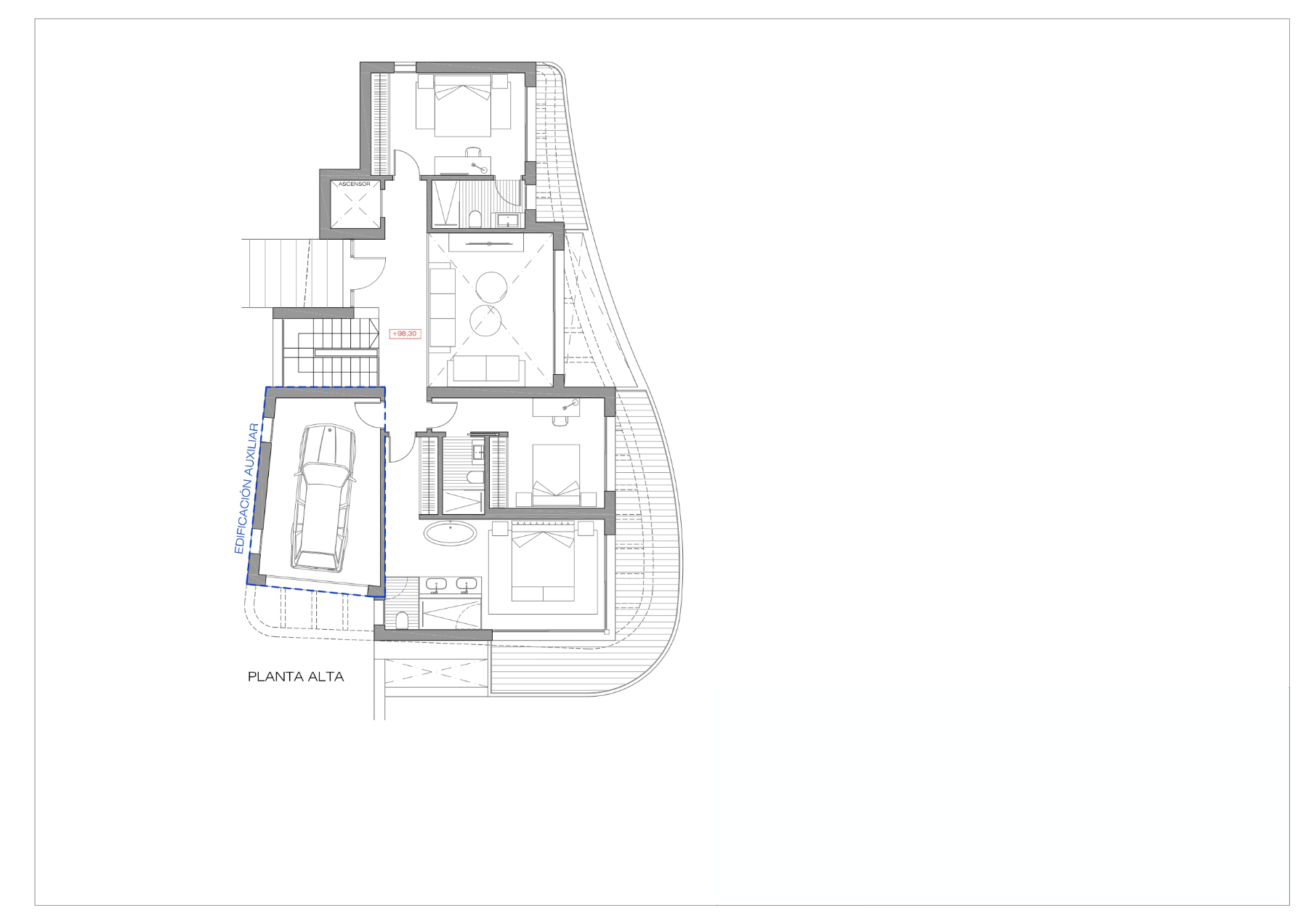 Technical floor plan of the upper level showing the layout of three bedrooms, en-suite bathrooms, elevator access, and an auxiliary garage building.