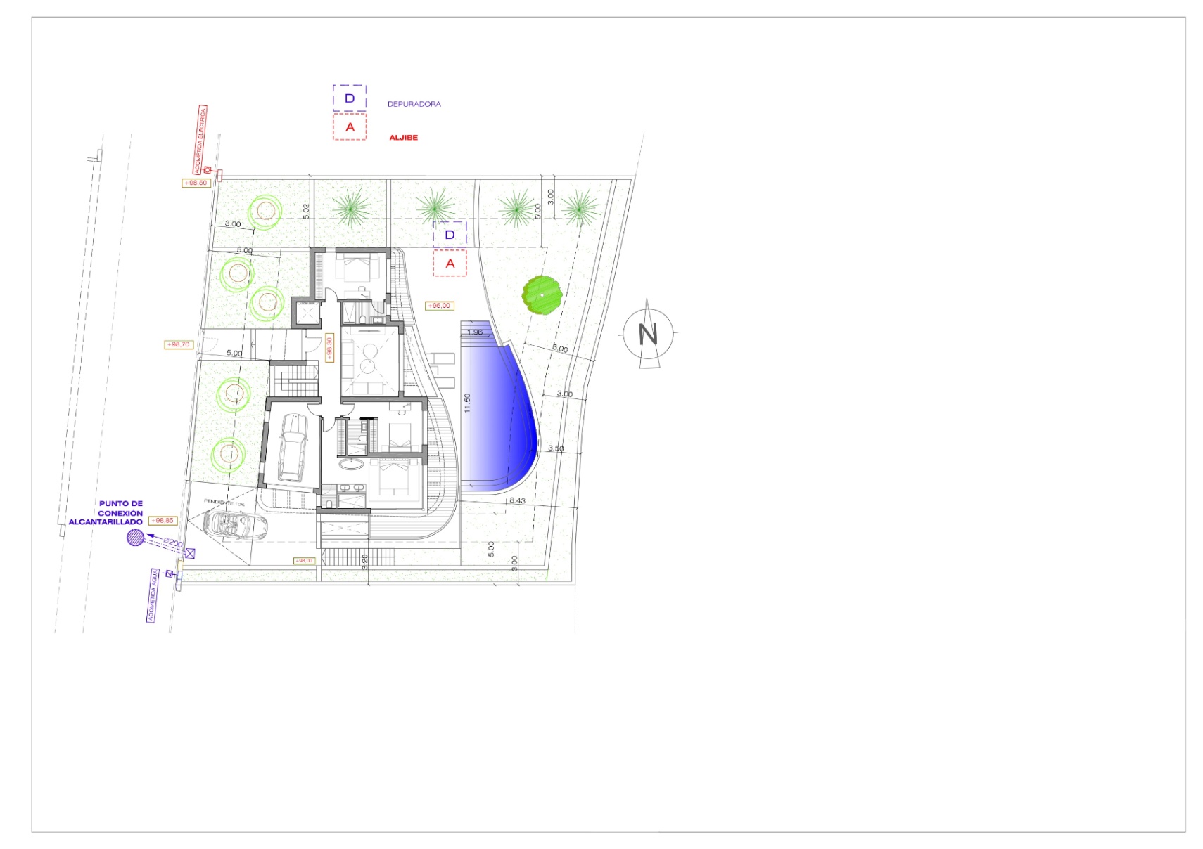 Technical site plan illustrating the ground floor layout, integrated garage, and the organic-shaped swimming pool within the landscaped plot.