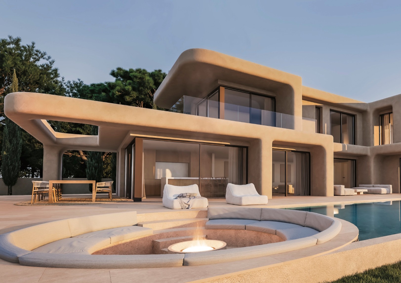 Exterior terrace featuring a sunken circular fire pit with integrated seating, adjacent to an infinity pool and organic sand-toned architecture.