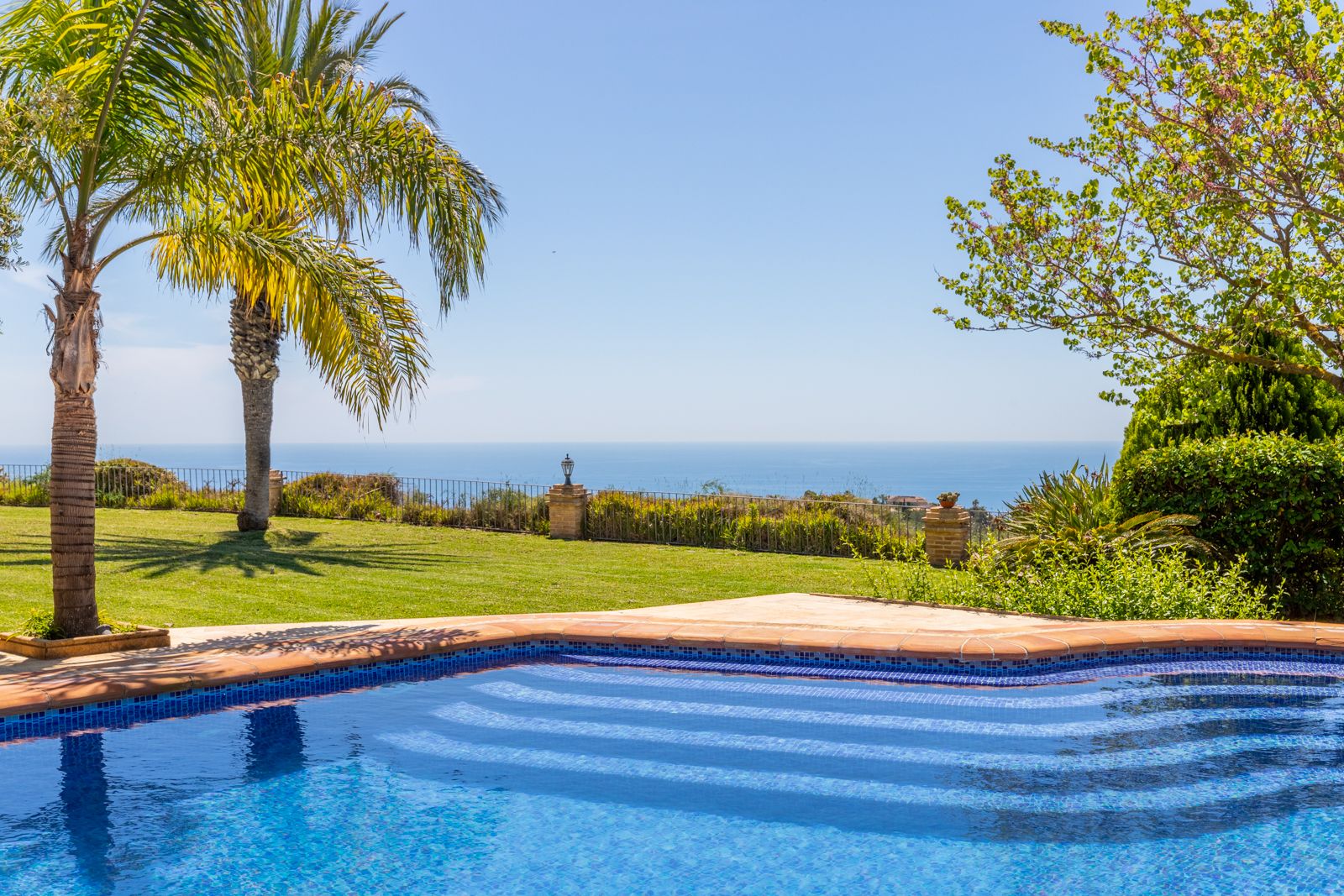View of the blue mosaic pool and garden with palm trees, facing the Mediterranean Sea.