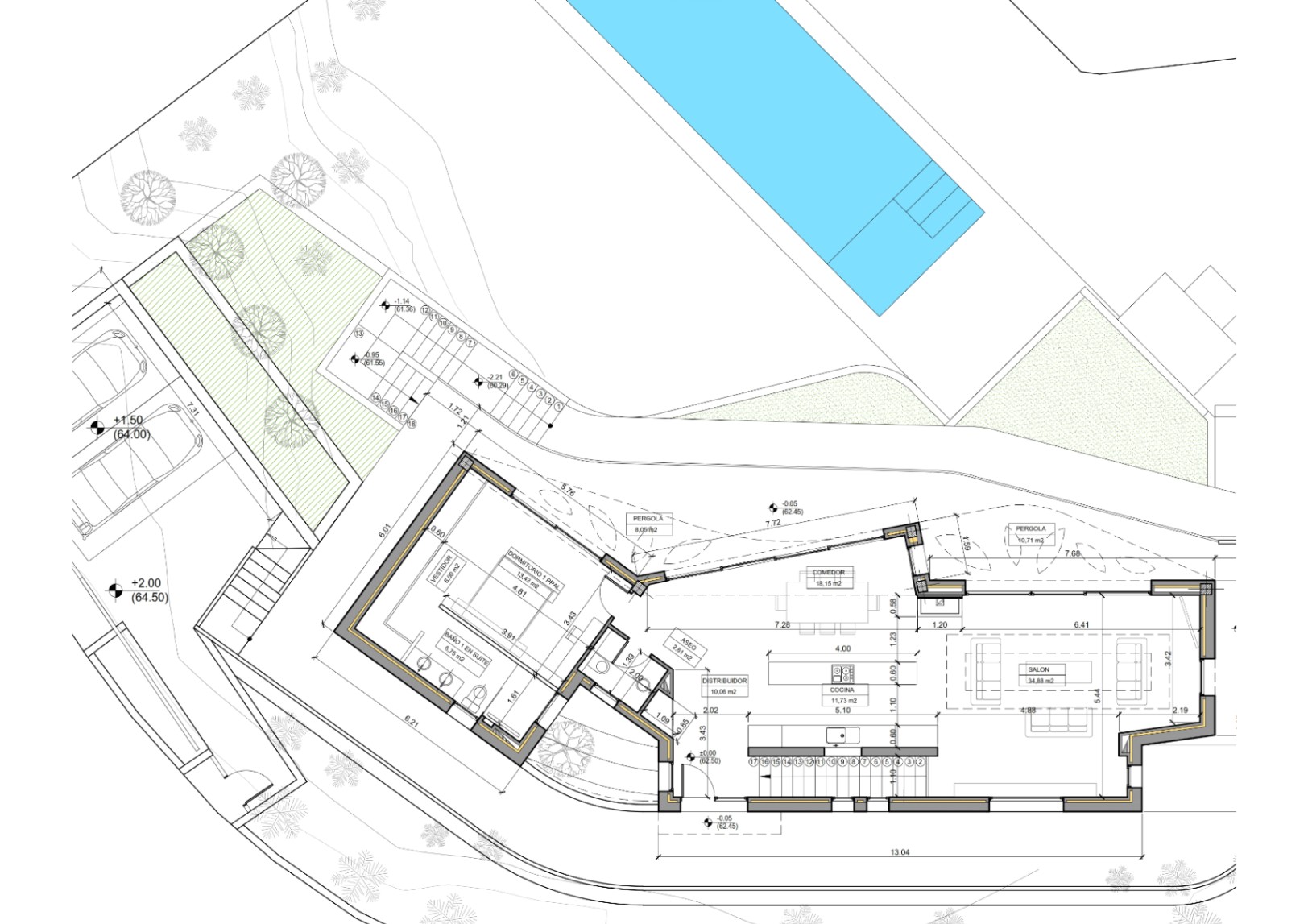 Detailed architectural floor plan of the main level, featuring the open-plan living area, master suite with walk-in closet, designer pool, and double carport layout.