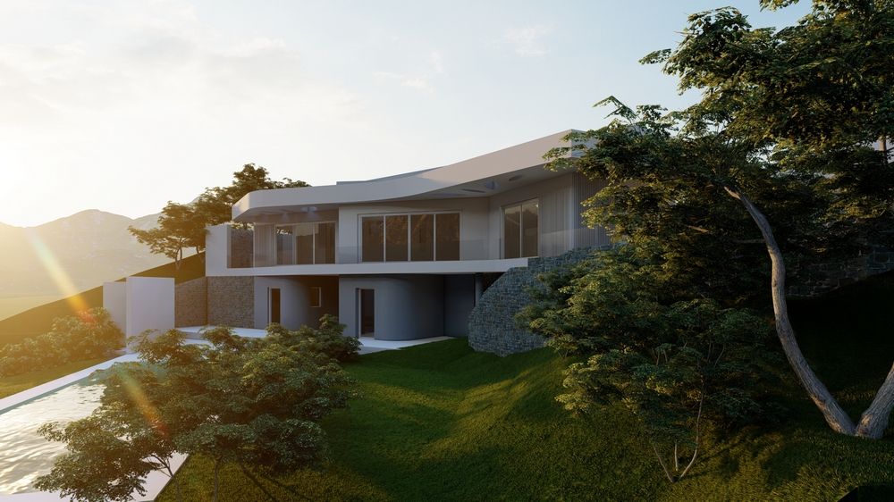 Exterior view of the contemporary villa featuring curved rooflines, natural stone walls, and large glass facades set within a terraced garden with mature trees.
