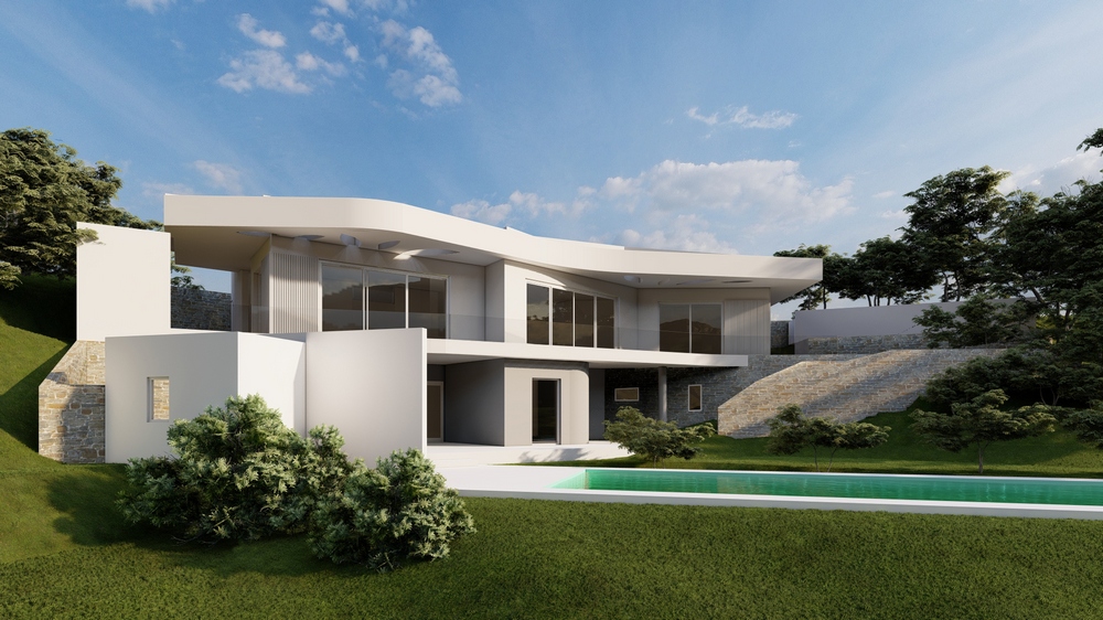 Exterior view of the contemporary villa featuring white facades, curved rooflines, and large glass sliders. The grounds include a rectangular pool and stone-walled terraced gardens.