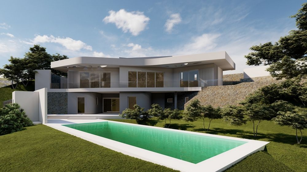 Exterior view of the villa featuring a white facade, natural stone walls, and a rectangular swimming pool set within a lawned garden with native trees.