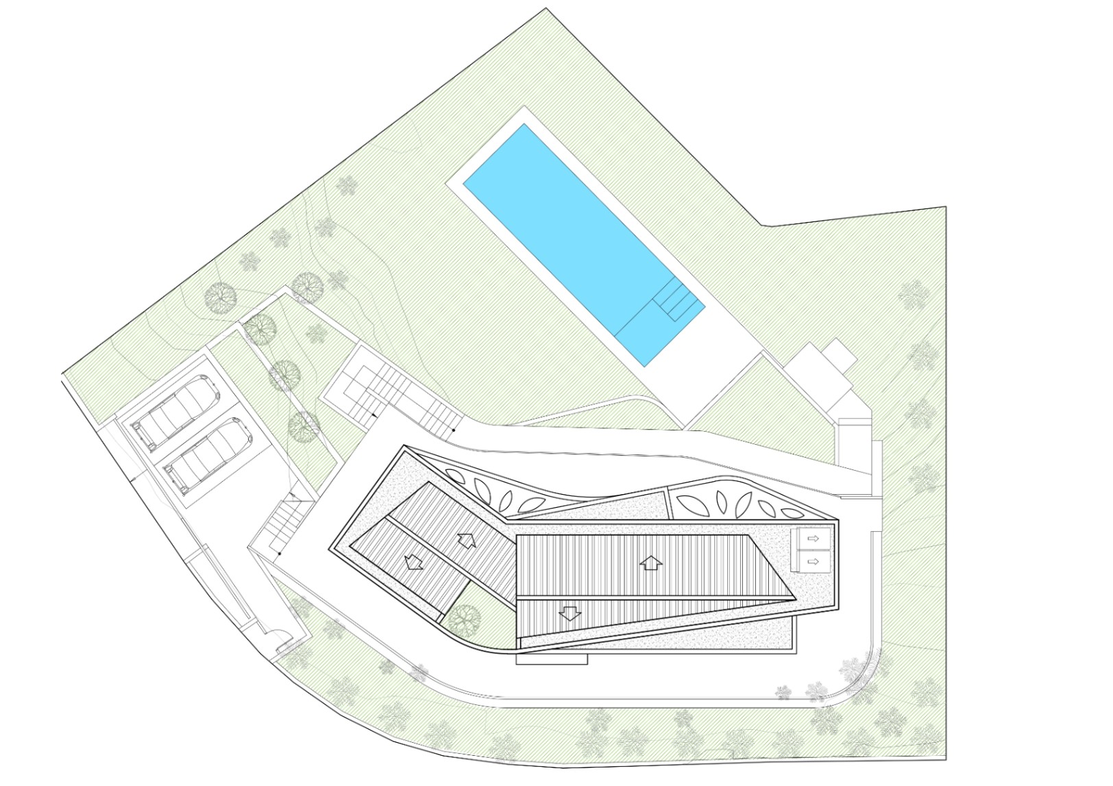 Site plan illustrating the villa's curved architectural design, rectangular swimming pool, double carport, and landscaped garden layout on the plot.