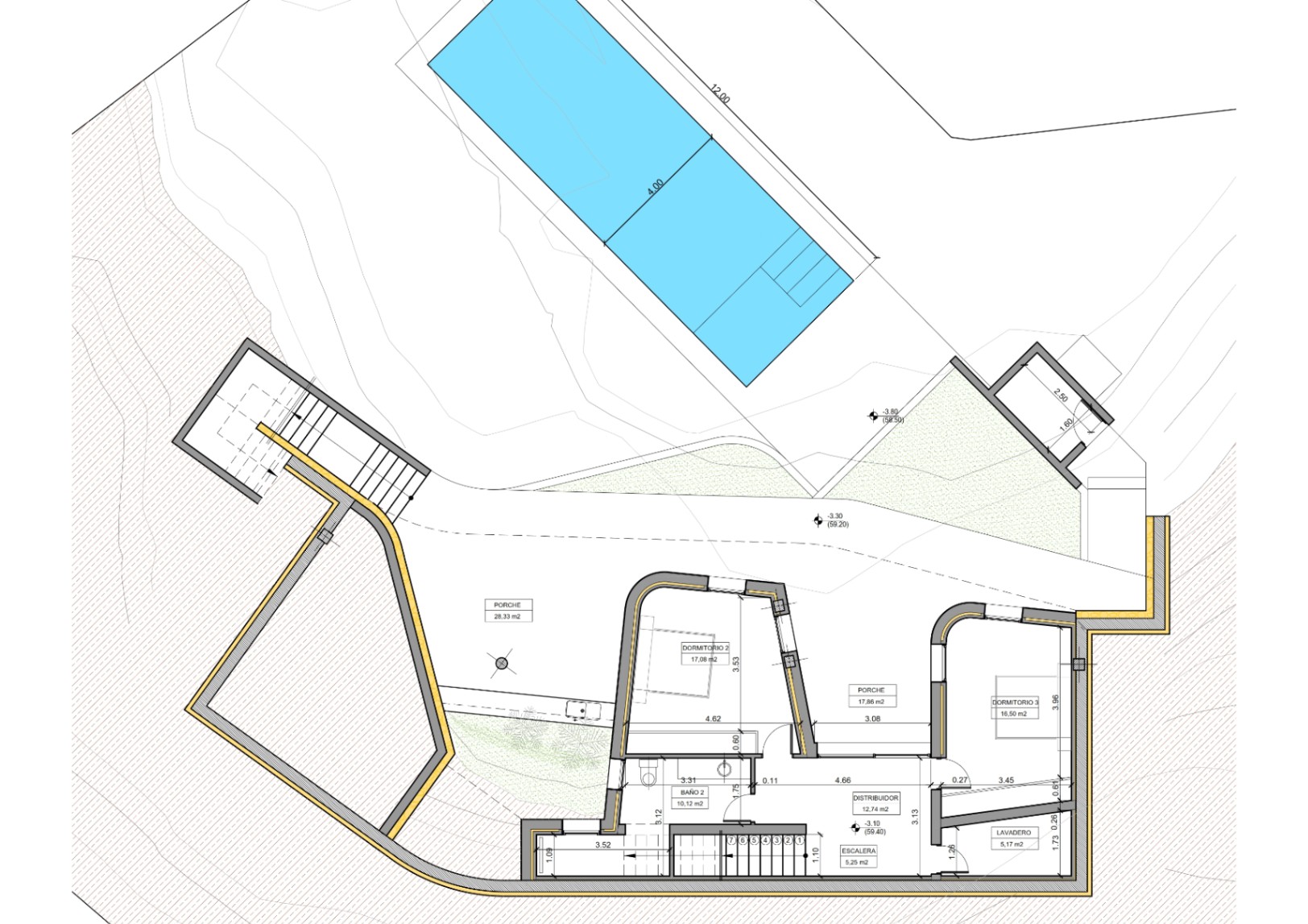 Technical architectural plan of the lower level showing two bedrooms, a full bathroom, laundry room, and porches next to the 12x4 meter swimming pool.