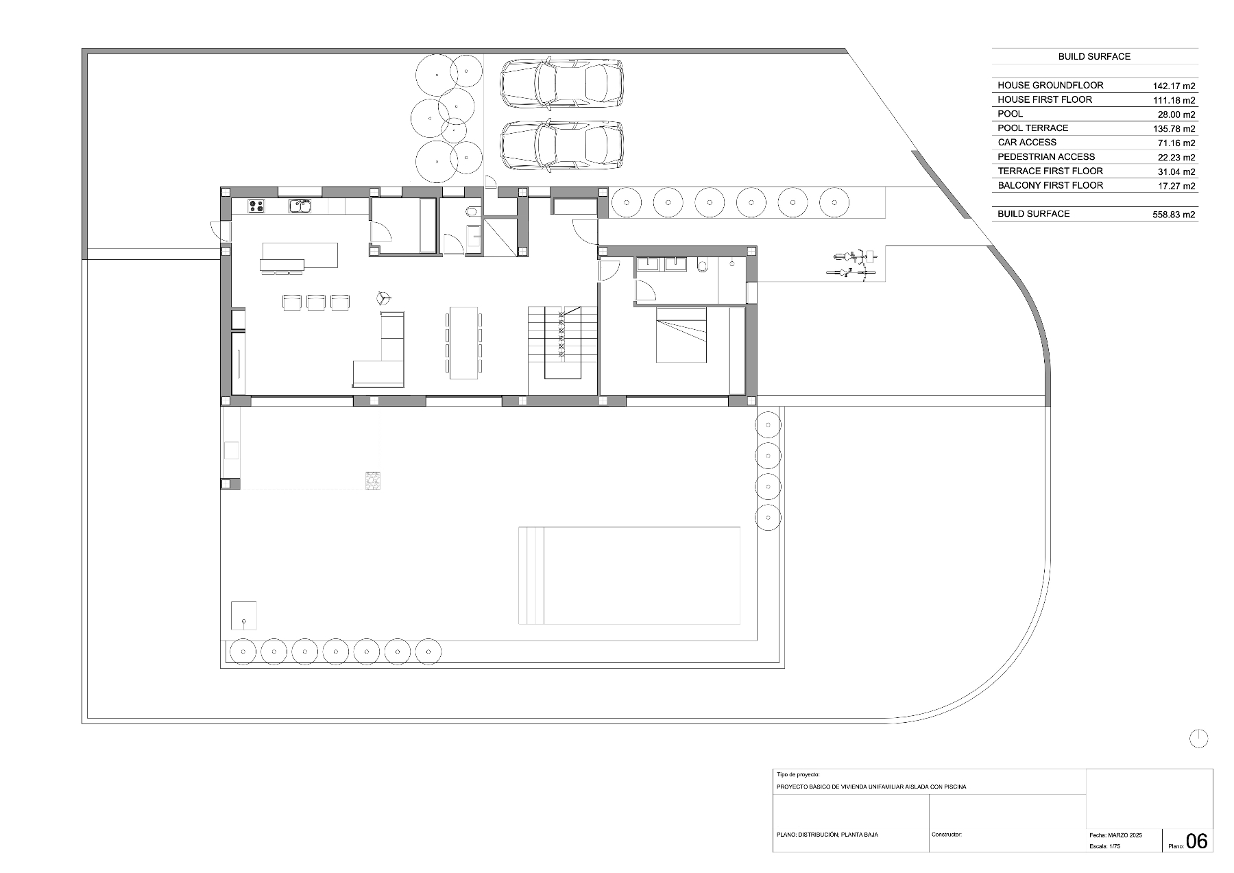 Detailed technical floor plan of the ground level, illustrating the open-plan living area, kitchen, en-suite bedroom, and extensive outdoor terrace with a private pool.