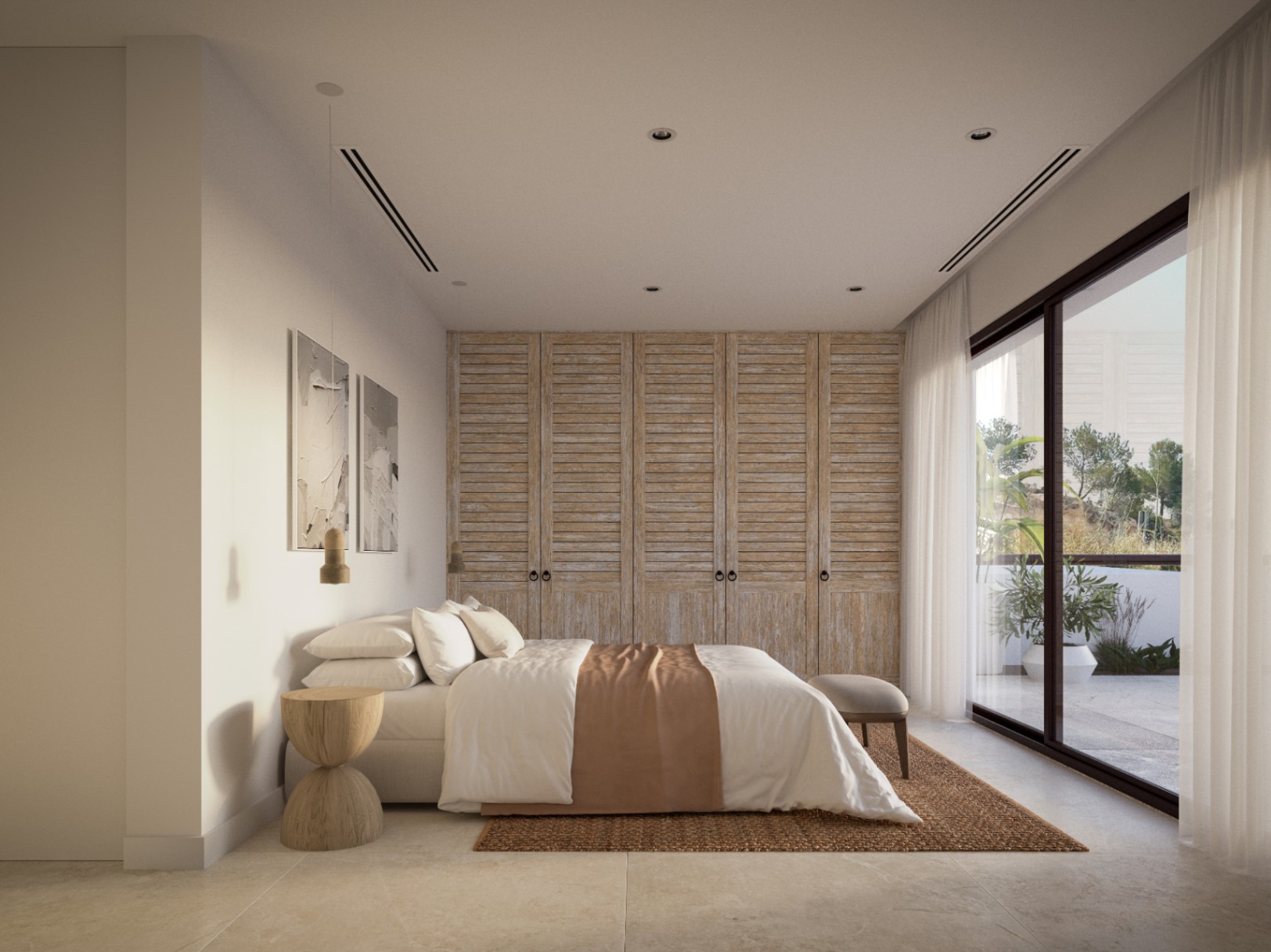 Master bedroom featuring floor-to-ceiling slatted wood wardrobes, natural stone flooring, and large sliding doors opening onto a private terrace.