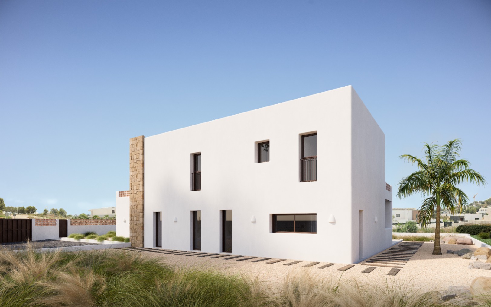 Minimalist white facade featuring a natural stone accent wall, dark-framed windows, and a gravel garden with a palm tree and wooden sleeper pathways.