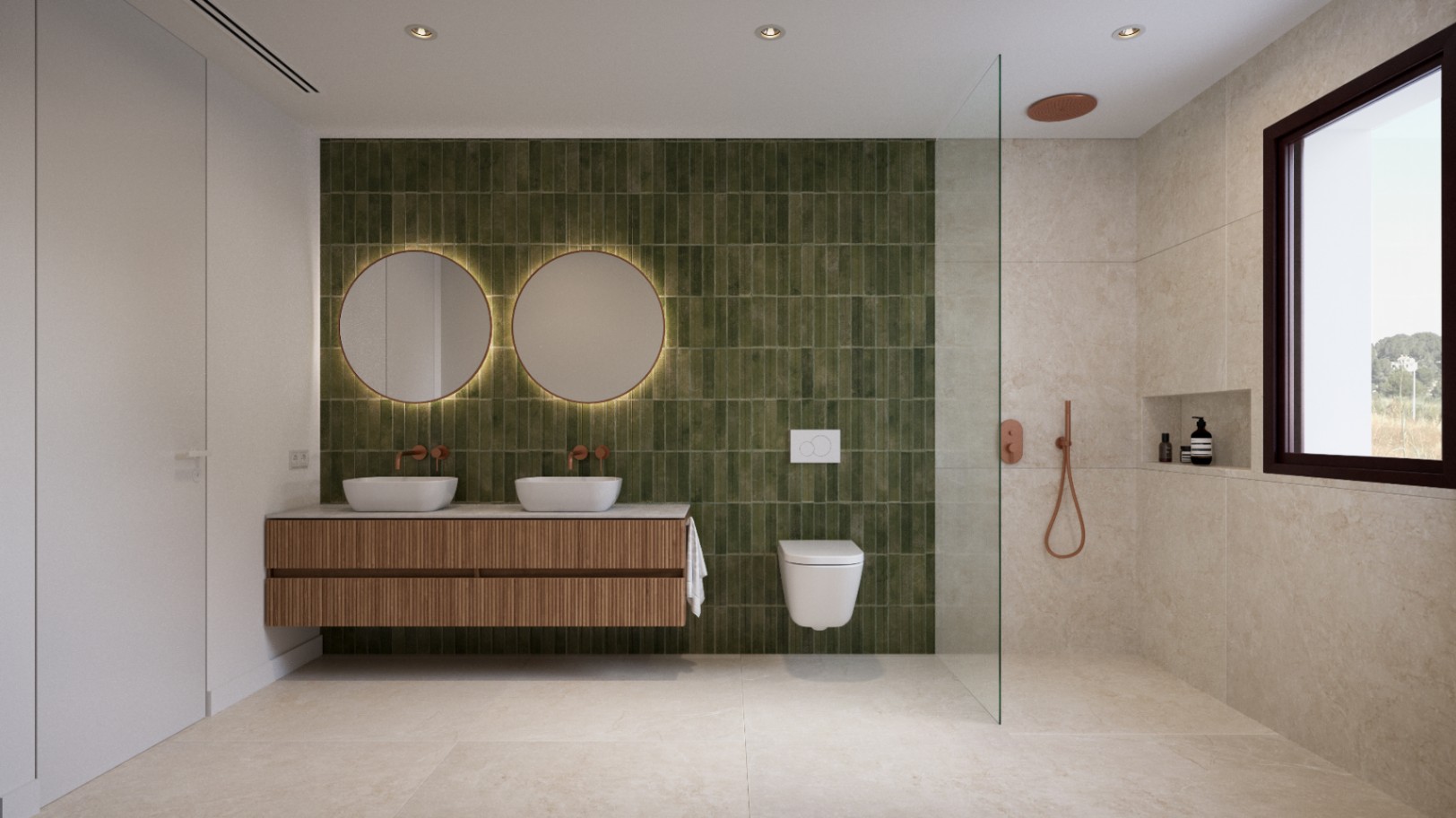 Modern bathroom featuring a green tiled accent wall, double vanity with wooden slatted cabinetry, and a walk-in shower with elegant copper fixtures and glass partition.