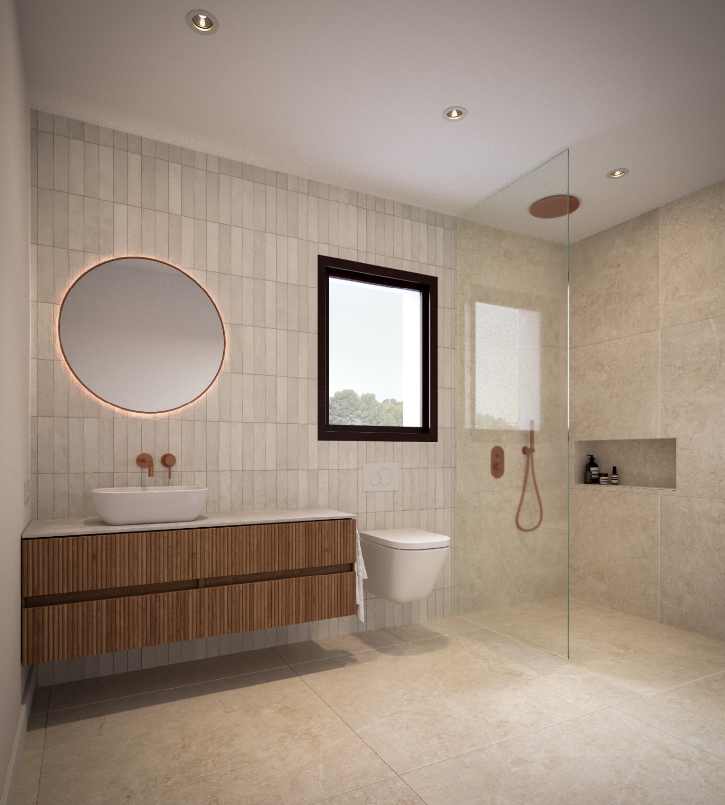 Modern bathroom featuring a slatted wood floating vanity, copper fixtures, and a backlit circular mirror. Includes a walk-in shower with glass partition and stone-textured tiling.