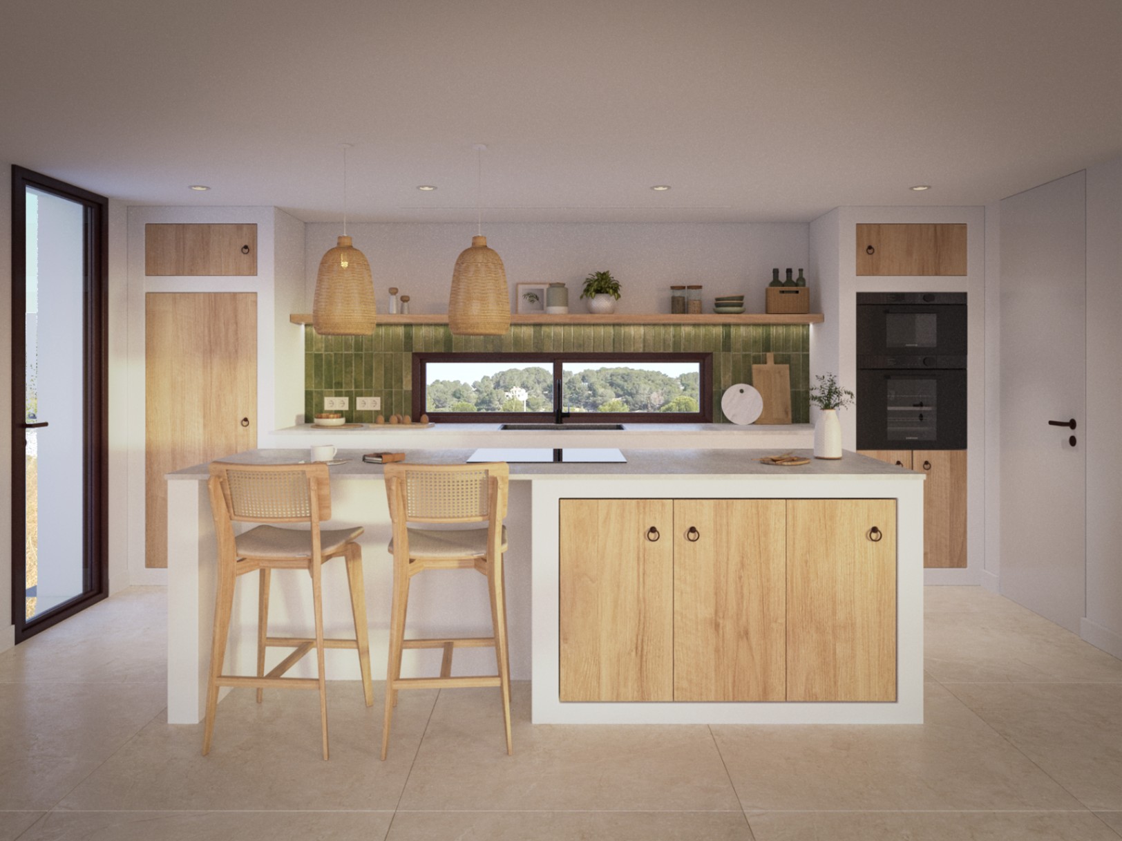Open-concept kitchen featuring a central island, oak cabinetry, and a green tiled backsplash. A horizontal panoramic window provides natural light and landscape views.