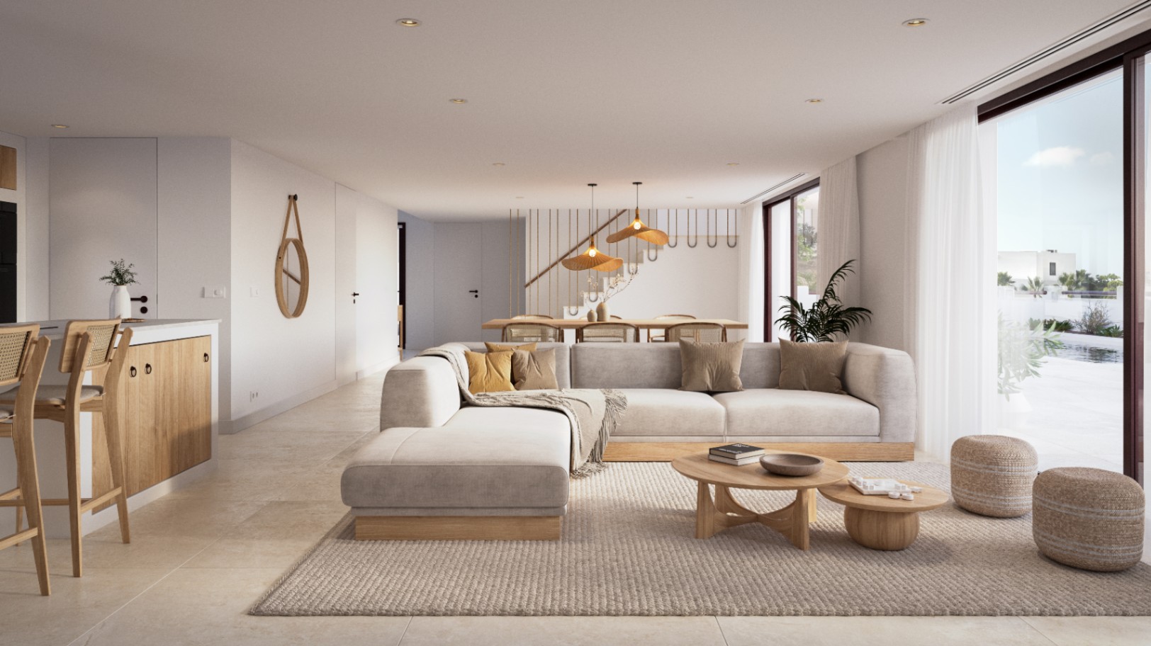 Open-concept living area featuring natural wood furniture, a modular sofa, and direct terrace access. The space integrates the kitchen and dining area with warm, recessed lighting.