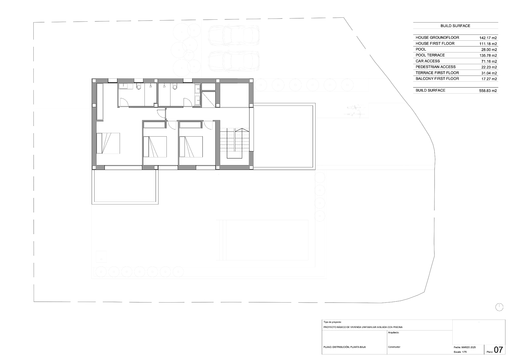 Technical floor plan of the ground floor illustrating the layout of three bedrooms, bathrooms, the swimming pool area, and parking spaces within the 558 m² build.