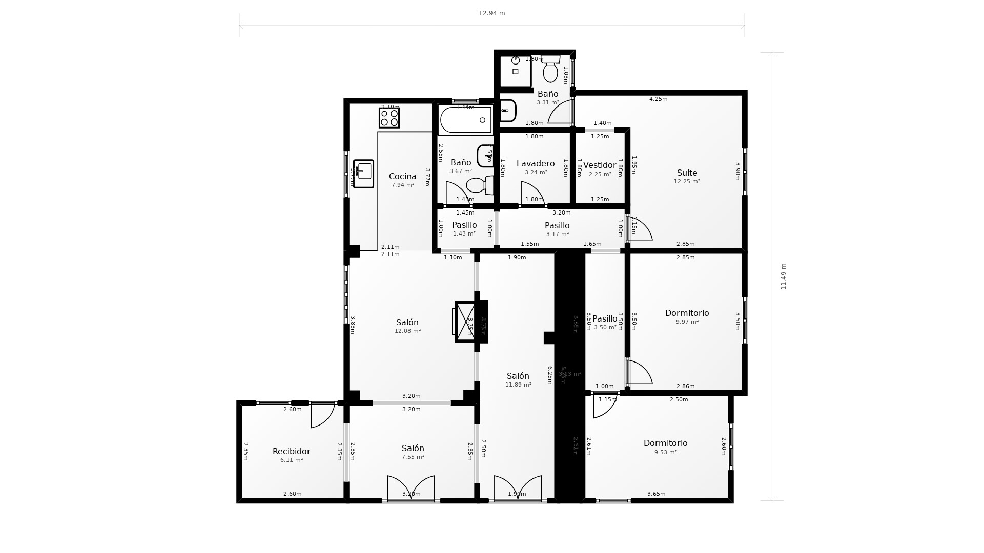 Technical floor plan showing the single-story layout with a central living area, independent kitchen, three bedrooms, and a functional laundry room.