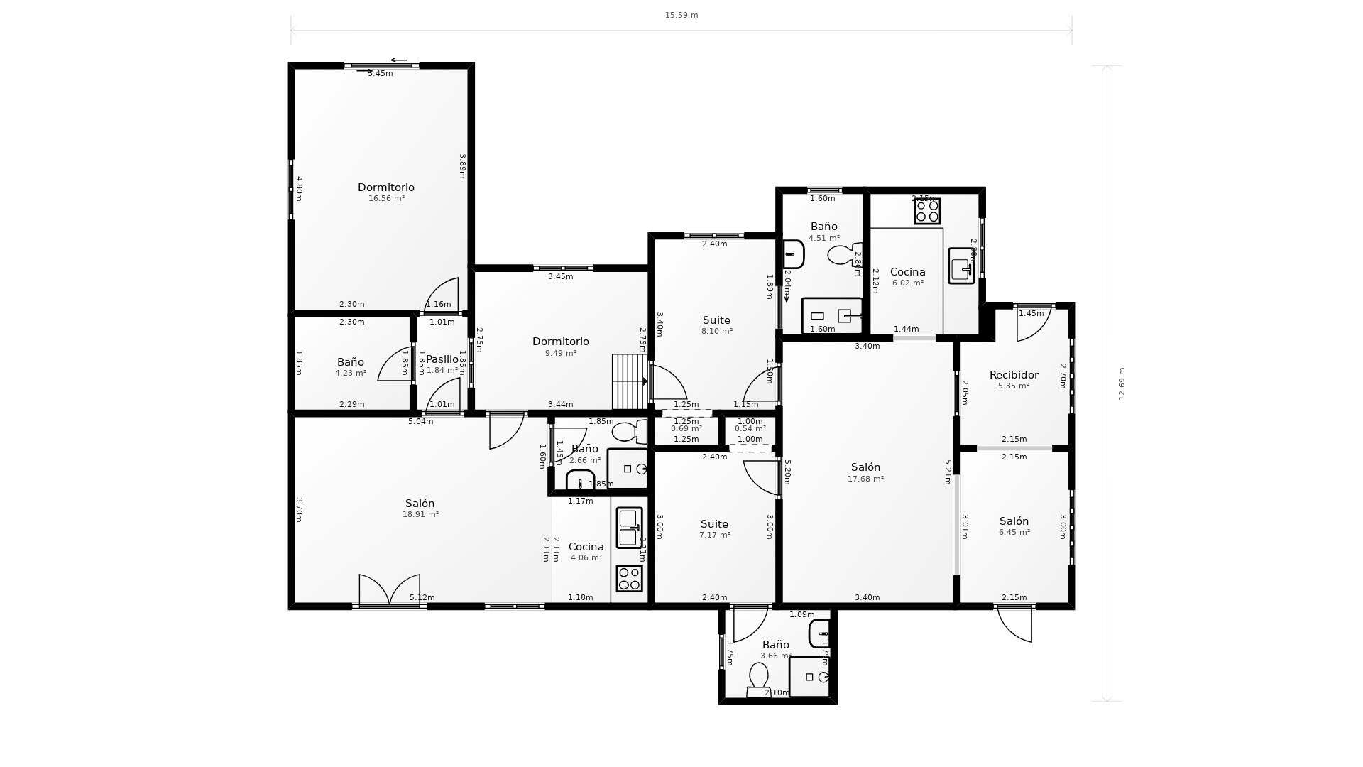 Detailed architectural floor plan illustrating the interior layout, including the main living areas, independent guest apartment, and precise room dimensions.