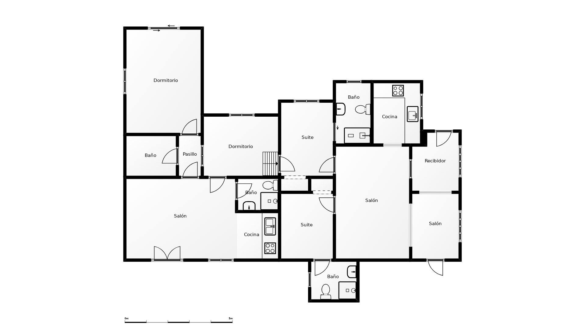 Detailed floor plan of the villa illustrating the layout of the four bedrooms, living areas, kitchens, and bathrooms, including the guest apartment.