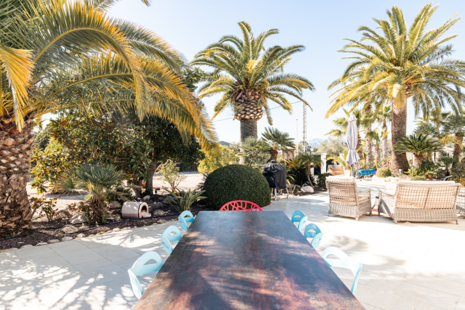 Outdoor terrace featuring a large dining table with modern seating, surrounded by mature palm trees and a lounge area with wicker sofas in a manicured Mediterranean garden.