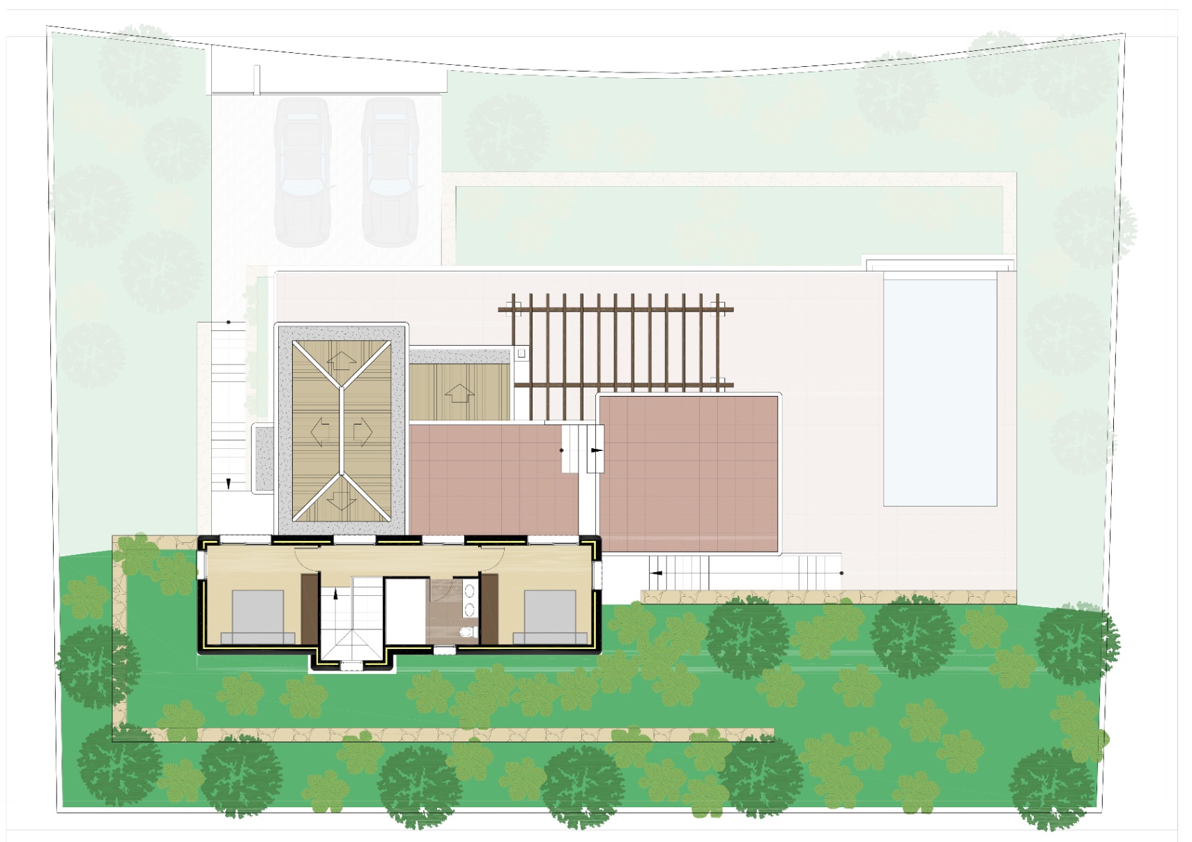 Detailed architectural site plan illustrating the upper floor layout, swimming pool area, terrace pergola, and private parking for two vehicles.