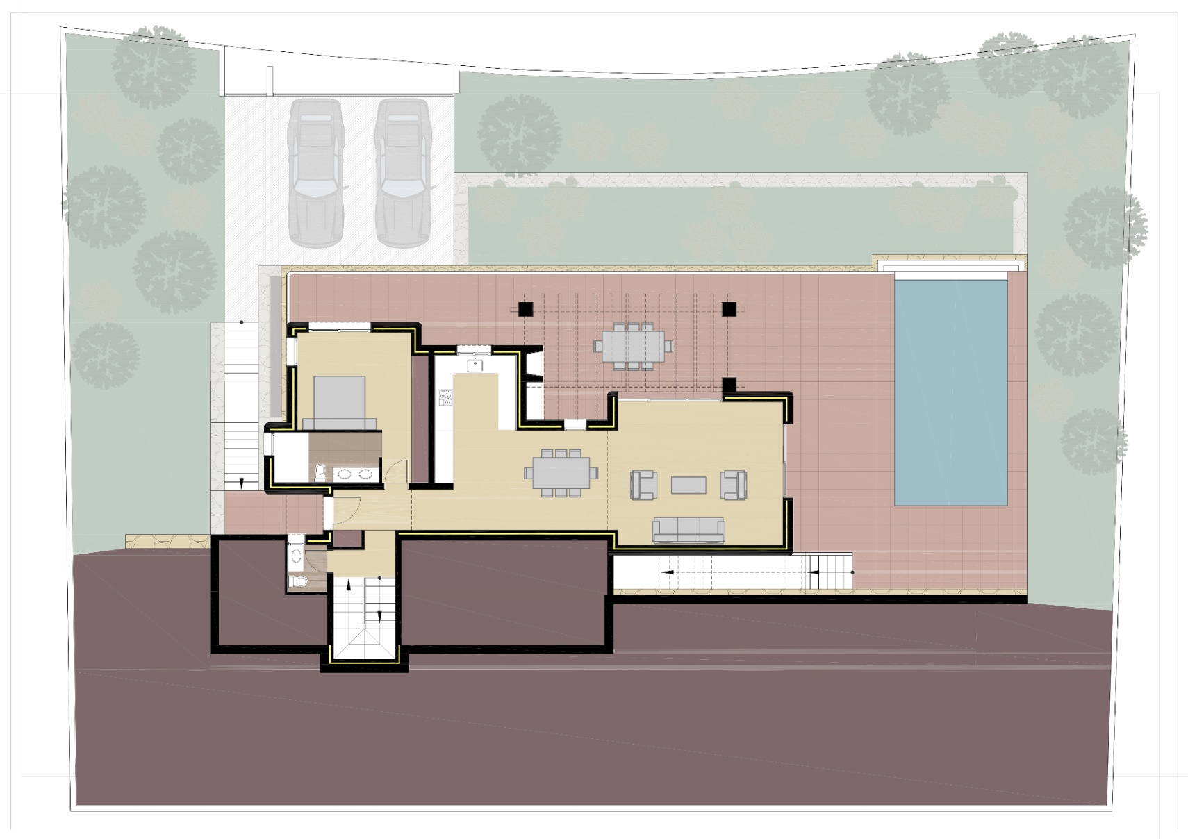 Detailed ground floor plan illustrating the open-plan living area, kitchen, ensuite bedroom, expansive terrace with pool, and double parking space on a landscaped plot.