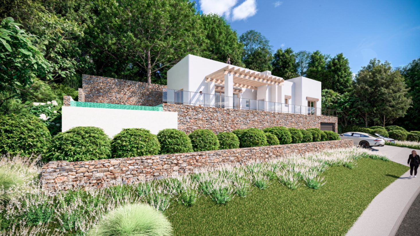 Exterior view featuring natural stone retaining walls, an upper terrace with a wooden pergola, and an integrated swimming pool amidst lush landscaping.