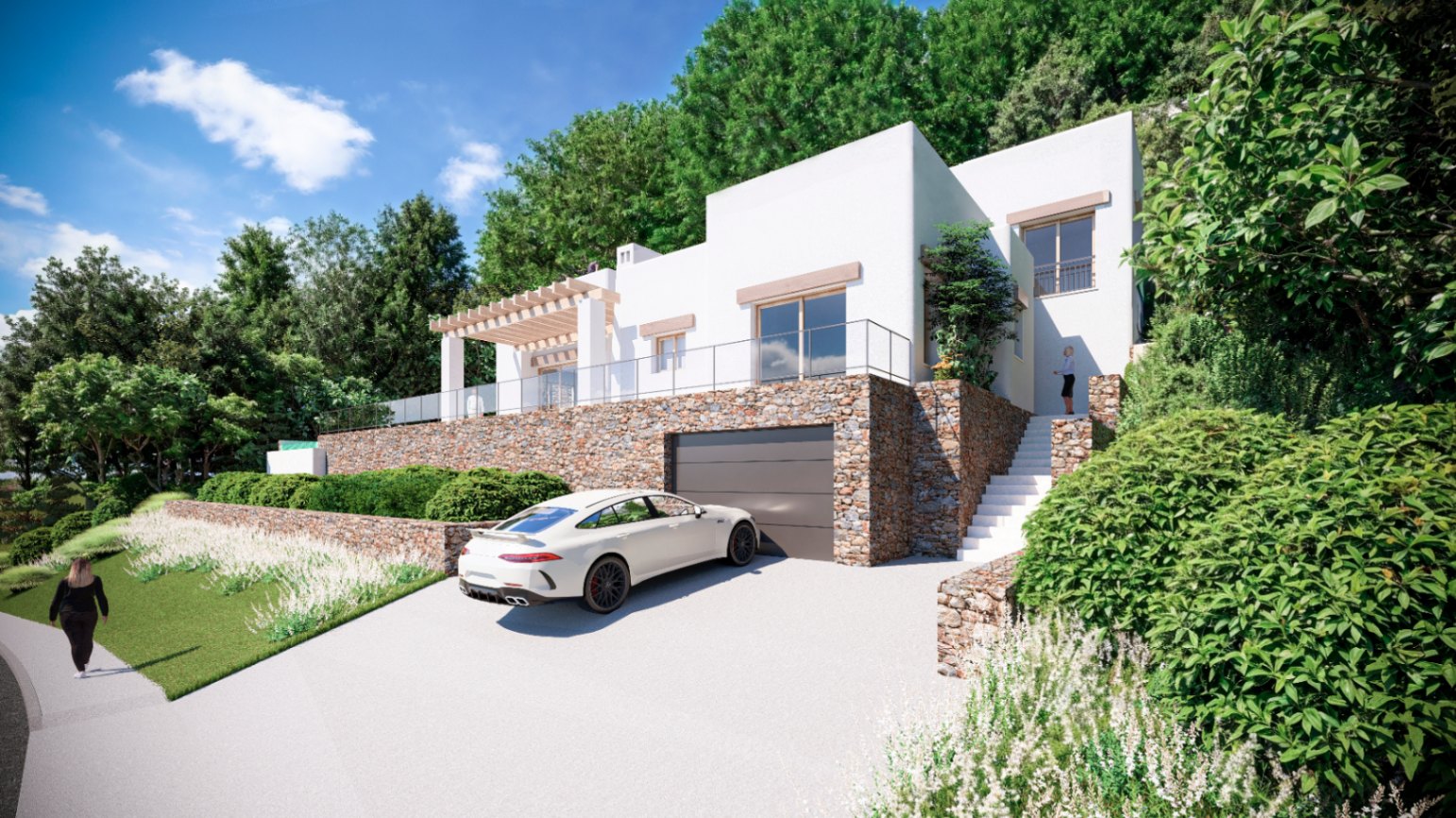 Exterior view of the villa featuring white cubic architecture, natural stone walls, an integrated garage, and a terrace with a wooden pergola.