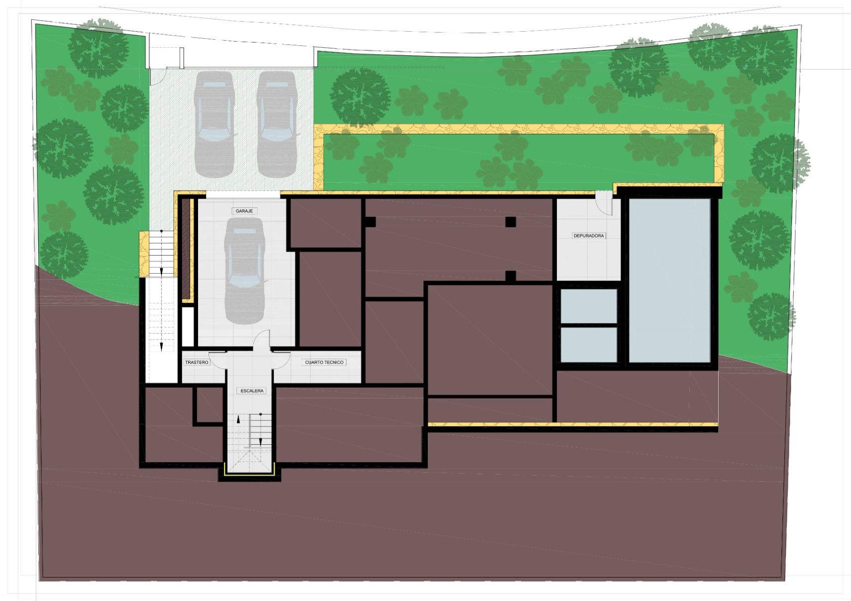 Technical floor plan of the basement level featuring a private garage, storage room, technical area, and pool equipment room, integrated with garden access.