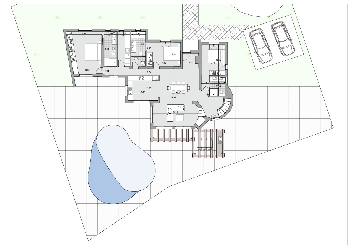 Detailed floor plan illustrating the layout of four en-suite bedrooms, an open-plan living area, and an expansive terrace with a private pool and summer kitchen.