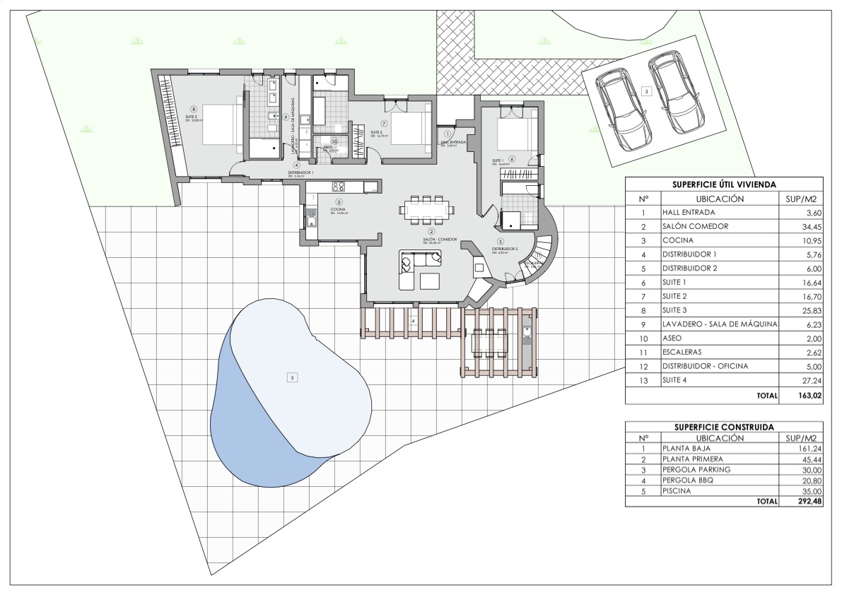 Detailed ground floor plan illustrating the layout of three en-suite bedrooms, open-plan living area, and outdoor terrace with pool and pergola.
