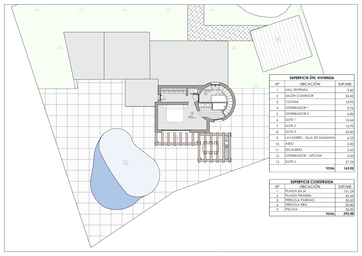 Detailed technical floor plan showing the upper level layout with Suite 4, office, terrace with pergola, and pool, including tables for useful and built surface areas.