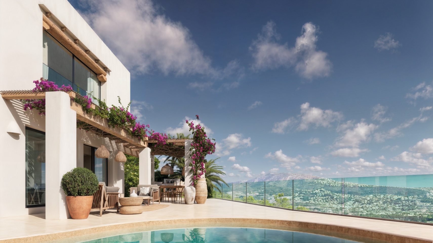 Main terrace featuring a curved pool, wooden pergolas with bougainvillea, and panoramic valley views secured by a minimalist glass balustrade.