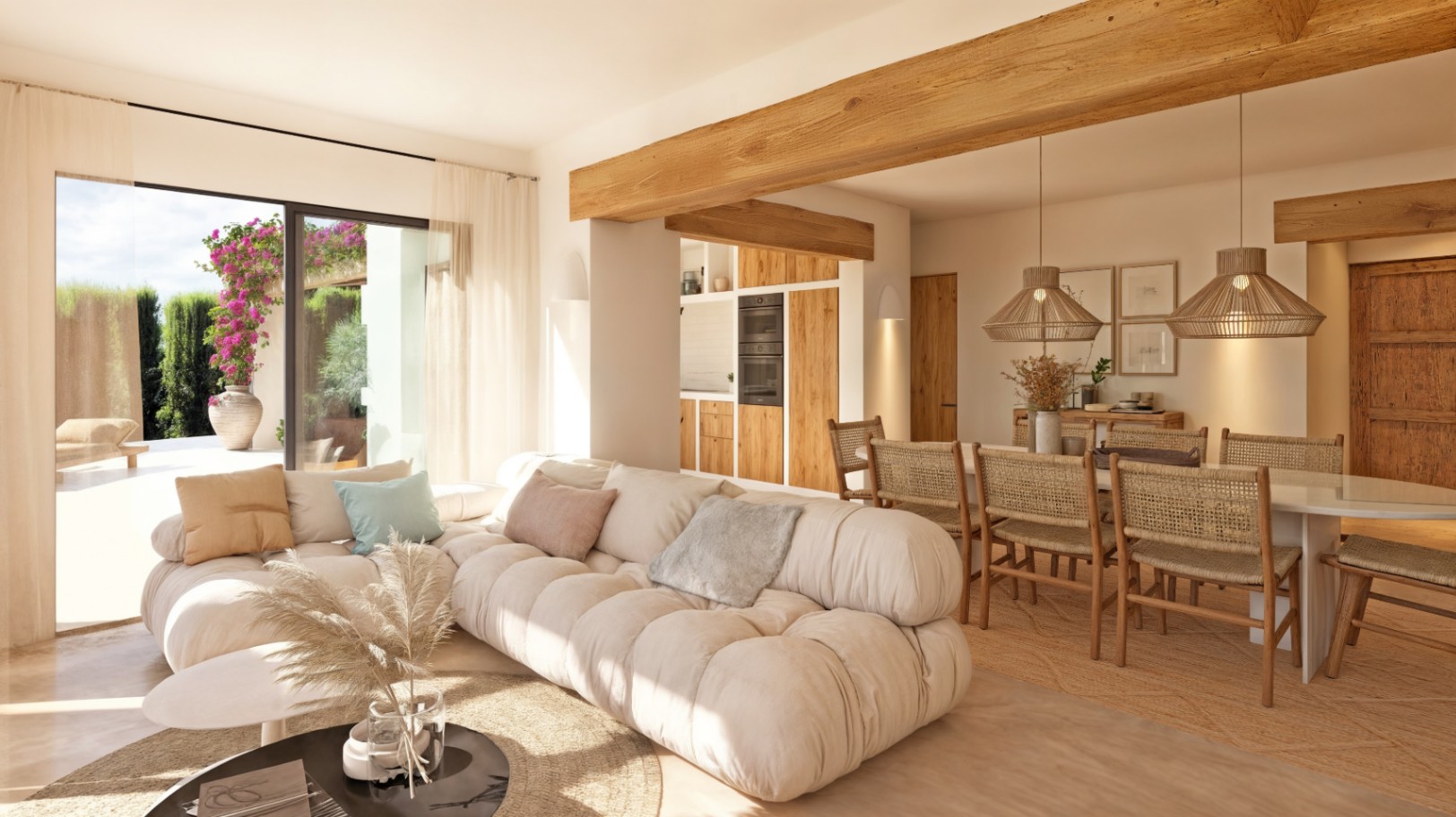 Open-plan living and dining area featuring exposed wooden beams, natural textures, and large sliding doors opening to a sun-drenched terrace.