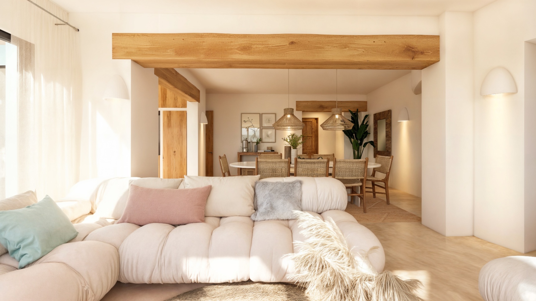 Open-plan living and dining area featuring rustic wooden beams, Mediterranean-style furniture, and warm integrated lighting against clean white walls.