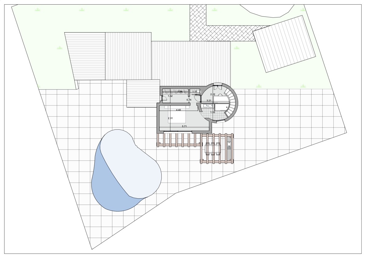 Technical floor plan detailing the layout, featuring a bedroom with en-suite, circular staircase, swimming pool, and terrace with an outdoor pergola.