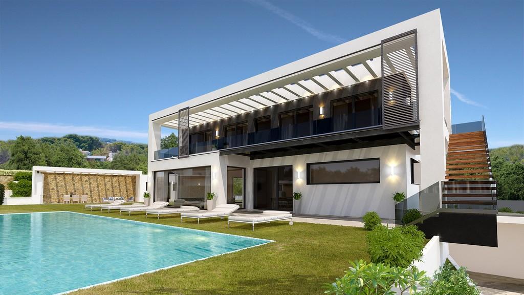 Exterior render of a modern villa featuring a rectangular pool, white facade, and large windows. The upper terrace includes glass railings and integrated facade lighting.