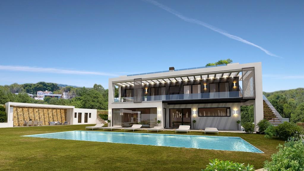 Exterior rendering of a modern villa featuring a rectangular swimming pool, lawn sunbathing area, and upper terrace with glass railings and integrated pergola.