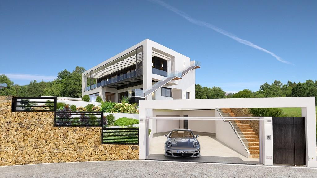 Modern villa exterior featuring minimalist white architecture, natural stone retaining walls, an integrated garage, and external glass-railed staircases.