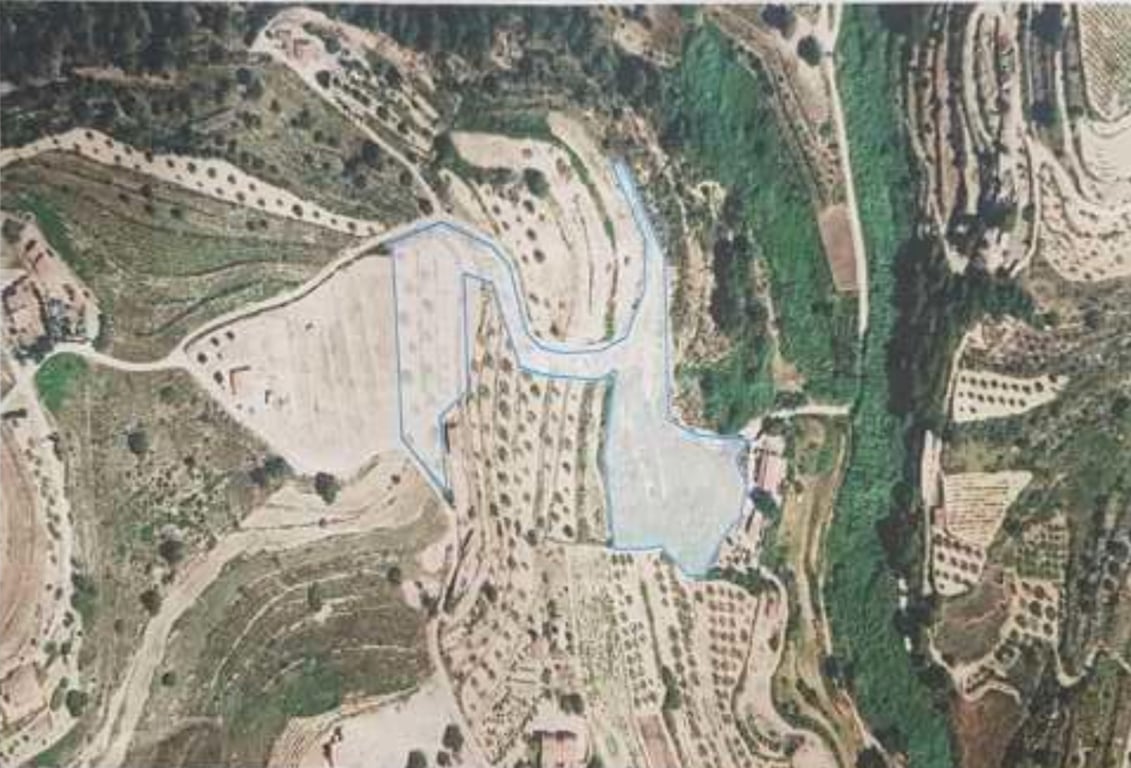 Aerial view showing the plot's perimeter, highlighting the terraced topography and established trees within a Mediterranean landscape.