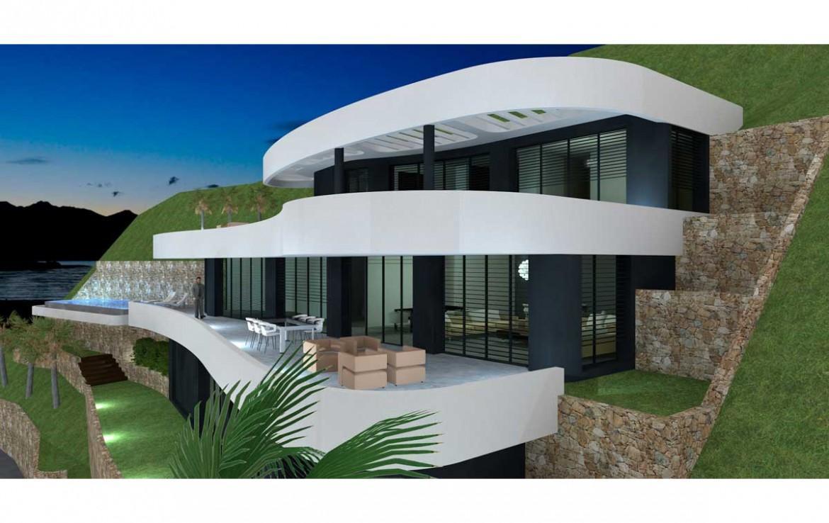 Exterior view of the multi-level villa featuring curved white terraces, floor-to-ceiling glazing, and natural stone retaining walls integrated into the landscape.